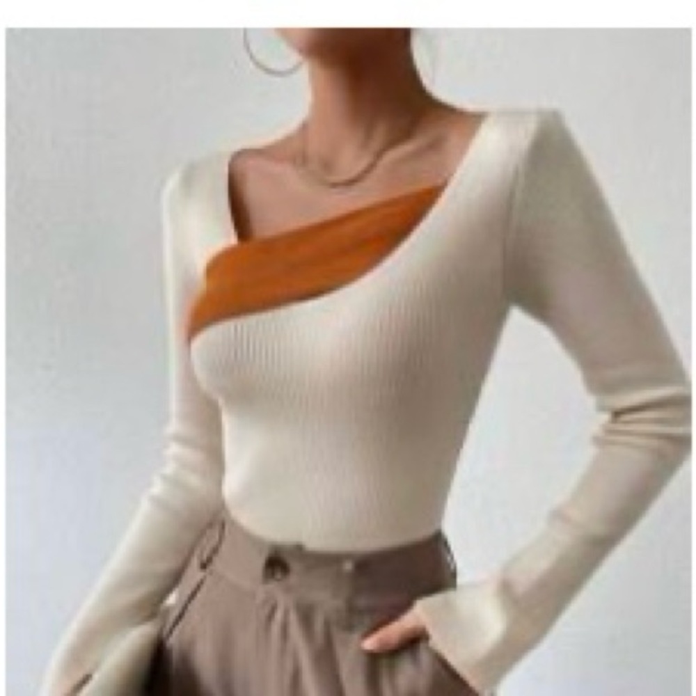 Stylish Cream and Orange Ribbed Sweater